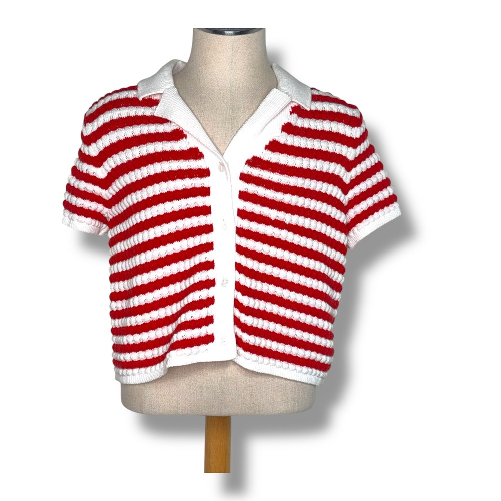 Old Navy Cardigan Sweater XL Red White Striped Short Sleeve Collared Cotton Knit